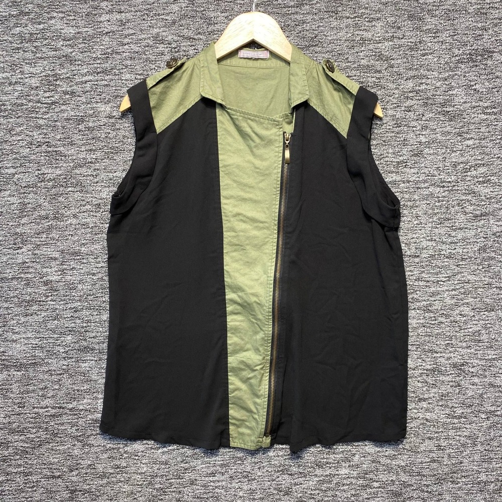 Romeo and Juliet Couture Vest Womens Large Green Black Asymmetric Zip Military
